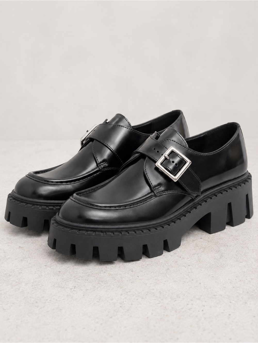 Steve Madden Black Patent Chunky Lug Sole Loafers with Buckle